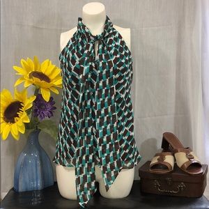 BANANA REPUBLIC Geometric Tie Neck Keyhole Career Sheer Blouse Top Sz XS